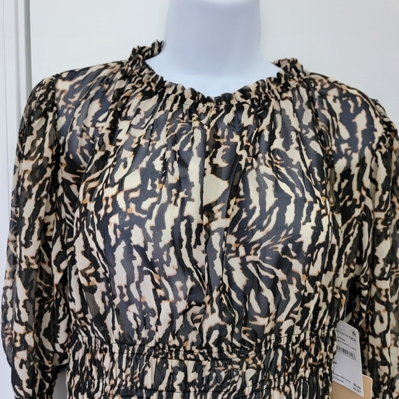 NWT Halogen Black Tan Animal Print Blouse Sheer Long Sleeve High Neck Ruched S - Picture 3 of 10